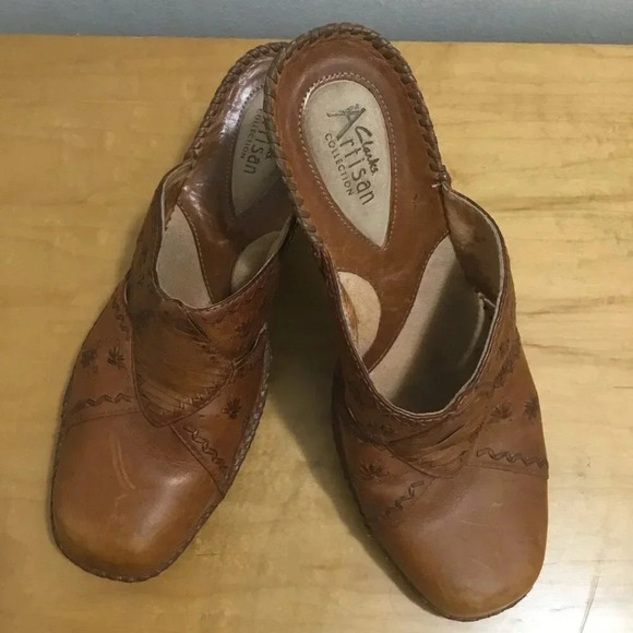 Clarks Artisan  9 M Leather Wedge Mules Chestnut Brown Women's Slip On Shoe - Picture 2 of 11